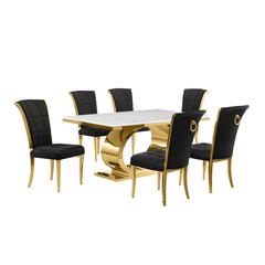 7pc Small(68") marble top dining set with gold base and 6 Black side chairs