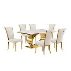 7pc Small(68") marble top dining set with gold base and 6 Cream side chairs