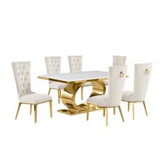 7pc Small(68") marble top dining set with gold base and 6 Cream side chairs