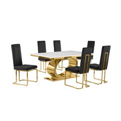 7pc Small(68") marble top dining set with gold base and 6 Black side chairs