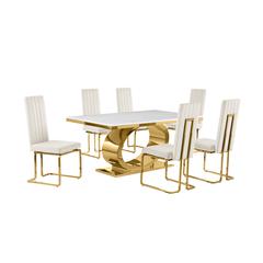 7pc Small(68") marble top dining set with gold base and 6 Cream side chairs