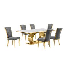 7pc Large(87") marble top dining set with gold base and 6 Dark grey side chairs