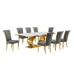 9pc Large(87") marble top dining set with gold base and 8 Dark grey side chairs