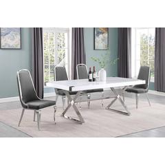 5pc Small(78") white wood top dining set with silver base and 4 side chairs