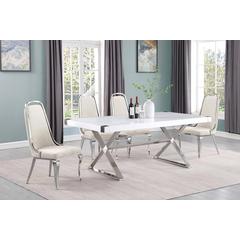 5pc Small(78") white wood top dining set with silver base and 4 side chairs