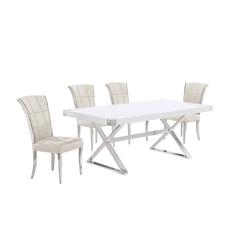 5pc Small(78") white wood top dining set with silver base and 4 chairs