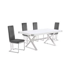 5pc Small(78") white wood top dining set with silver base and 4 chairs