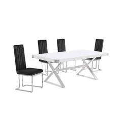 5pc Small(78") white wood top dining set with silver base and 4 chairs