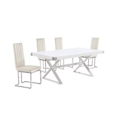 5pc Small(78") white wood top dining set with silver base and 4 chairs