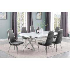 7pc Small(78") white wood top dining set with silver base and 6 side chiars