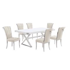 7pc Small(78") white wood top dining set with silver base and 6 chairs