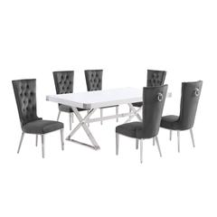 7pc Small(78") white wood top dining set with silver base and 6 chiars