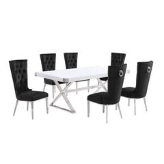 7pc Small(78") white wood top dining set with silver base and 6 chairs