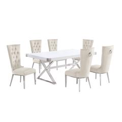 7pc Small(78") white wood top dining set with silver base and 6 chairs