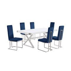 7pc Small(78") white wood top dining set with silver base and 6 Navy side chiars