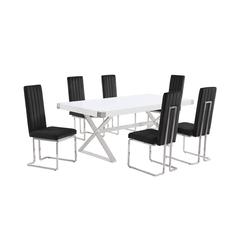 7pc Small(78") white wood top dining set with silver base and 6 chairs