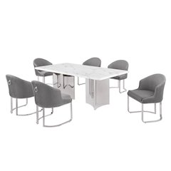 7pc Rectangular Dining Table Set with White Marble Top and Dark Gray Chairs
