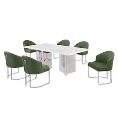 7pc Rectangular Dining Table Set with White Marble Top and Green Chairs