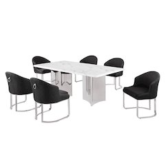 7pc Rectangular Dining Table Set with White Marble Top and Black Chairs