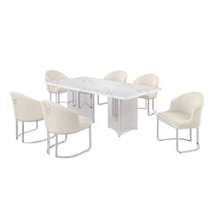 7pc Rectangular Dining Table Set with White Marble Top and Cream Chairs