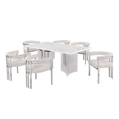 7pc 38mm Marble Top Dining Set 6 Cream Chiars