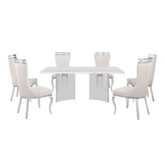 7pc Rectangular Dining Table Set with White Marble Top and Cream Chairs