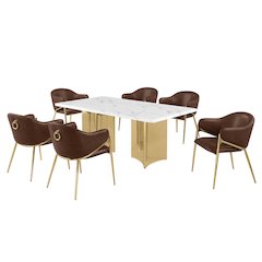 9pc Rectangular White Marble Top with 8 Mocha Boucle Fabric Chairs