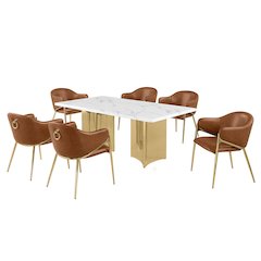 9pc Rectangular White Marble Top with Toffee Boucle Fabric Chairs