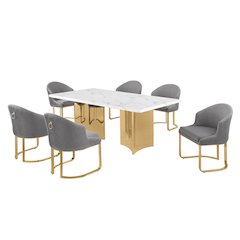 7pc Rectangular Dining Table Gold Base Set with White Marble Top and Gray Chairs