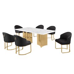7pc Rectangular Dining Table Gold Base Set with White Marble Top and Chairs