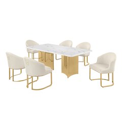 7pc Rectangular Dining Table Gold Base Set with White Marble Top and Chairs
