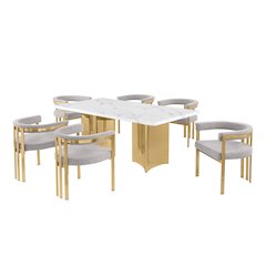 7pc Rectangular White Marble Top with 6 Rich Gray Boucle Fabric Chairs Gold Base
