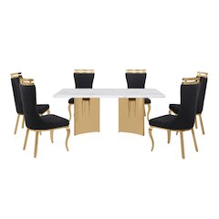 7pc Rectangular White Marble Top with 6 Black Boucle Fabric Chairs Gold Base