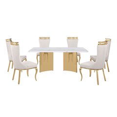 7pc Rectangular White Marble Top with 6 Cream Boucle Fabric Chairs Gold Base