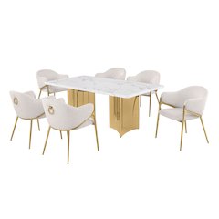 7pc Rectangular White Marble Top with 6 Cream Boucle Fabric Chairs Gold Base