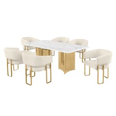 7pc Rectangular Dining Table Set with Marble Top with Cream Tri-Leg Chairs