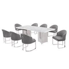 9pc Rectangular Dining Table Set with White Marble Top and Dark Gray Chairs
