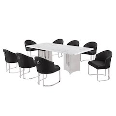 9pc Rectangular Dining Table Set with White Marble Top and Black Chairs