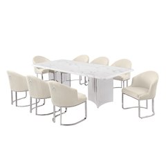 9pc Rectangular Dining Table Set with White Marble Top and Cream Chairs