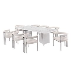 9pc Rectangular White Marble Top with 8 Cream Boucle Fabric Chairs