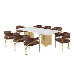 9pc 38mm Marble Top Dining Set Mocha Chiars Gold Base