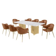 9pc Rectangular White Marble Top with Toffee Boucle Fabric Chairs Gold Base