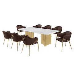 9pc Rectangular White Marble Top with Espresso Boucle Fabric Chairs Gold Base
