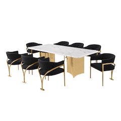 9pc 38mm Marble Top Dining Set Black Chiars Gold Base