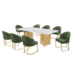 9pc Rectangular Dining Table Set with White Marble Top and Green Chairs