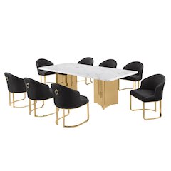 9pc Rectangular Dining Table Set with White Marble Top and Black Chairs