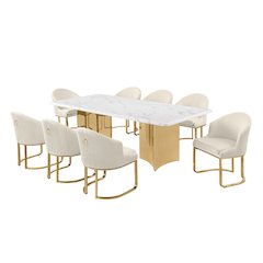 9pc Rectangular Dining Table Set with White Marble Top and Cream Chairs