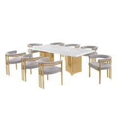 9pc Rectangular White Marble Top with 8 Rich Gray Boucle Fabric Chairs Gold Base
