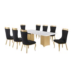 9pc Rectangular White Marble Top with 8 Black Boucle Fabric Chairs Gold Base