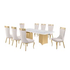 9pc Rectangular White Marble Top with 8 Cream Boucle Fabric Chairs Gold Base